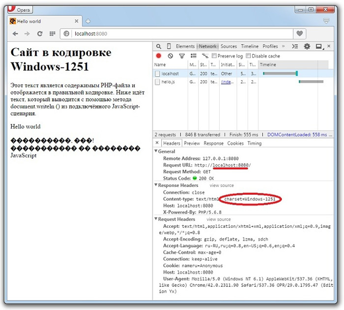 При обработке файла index.php кодировка страницы выставляется правильно.